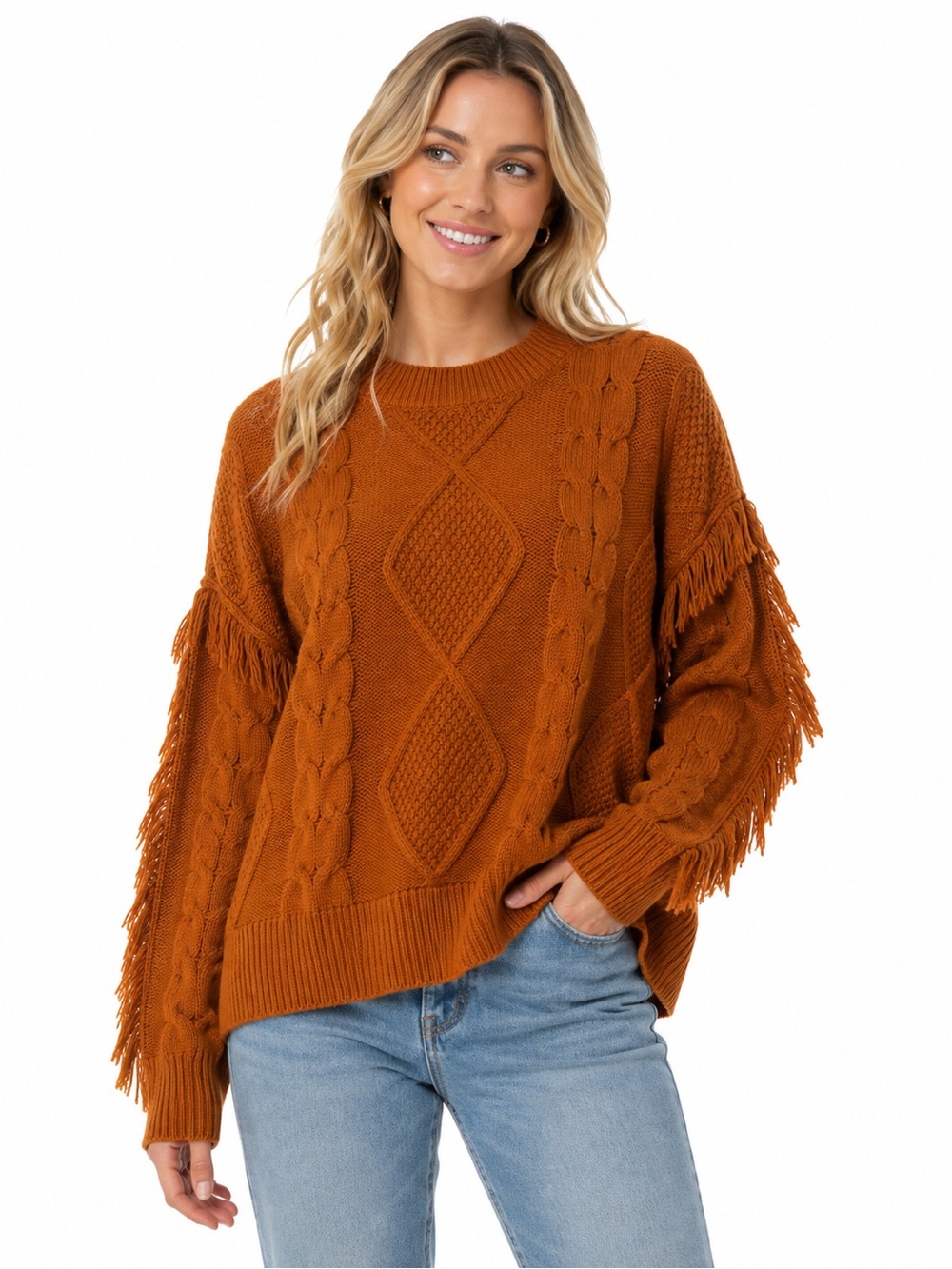 Women's Fringe Cable Knit Sweater - Rust - 1016